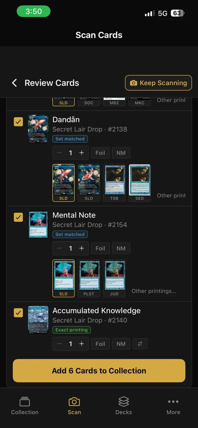 Scan review screen in Resolved: a photo of Magic cards with each detected card listed below, showing quantity, foil and condition controls.